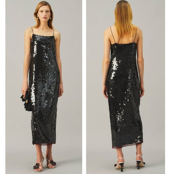 Tory Burch Sequined Tulle Cocktail Evening Midi Slip Dress Black Women's 2 - Picture 1 of 13